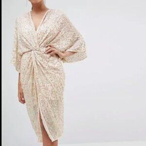 NWT ASOS Nude Sequin Plunge Kimono Midi Dress